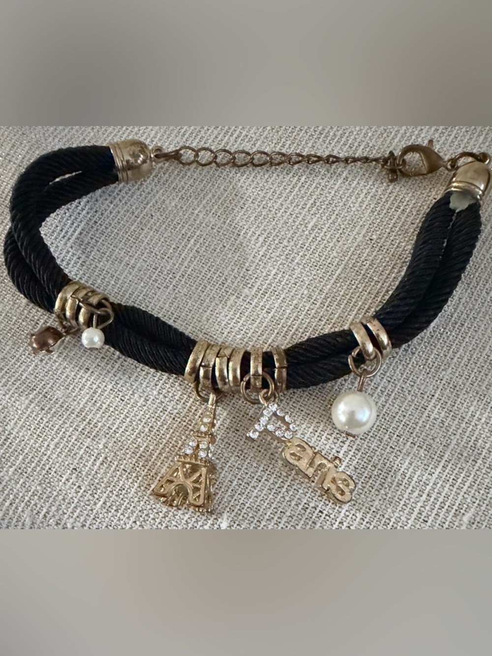 Gold Charm Black Rope Bracelet with Pearl Accent
